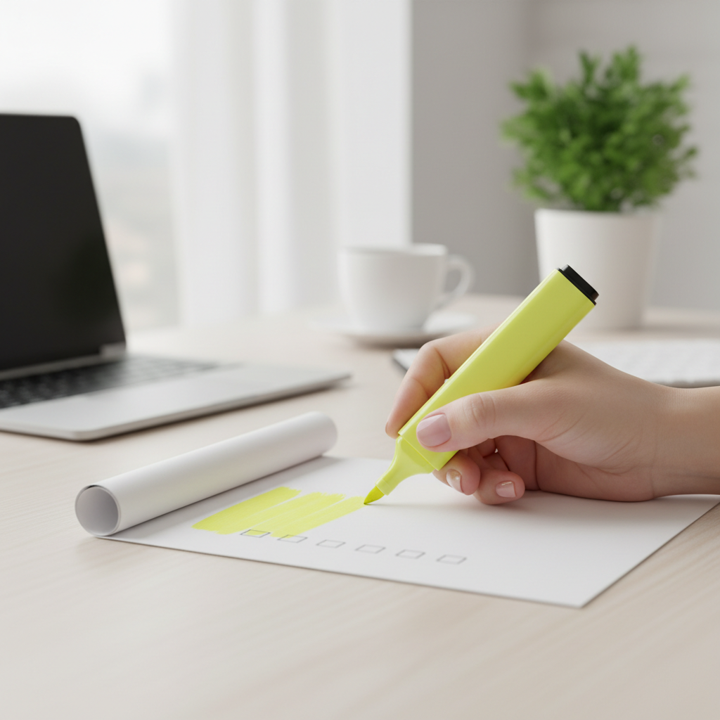 Close up photo of a hand holding a yellow marker highlighting text on a checklist, bright and focused office environment