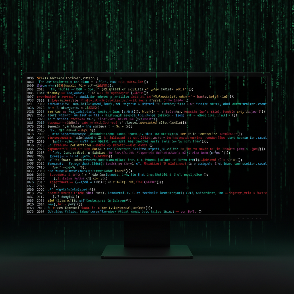 A computer screen displaying colorful code syntax on a dark background, matrix style digital rain in background