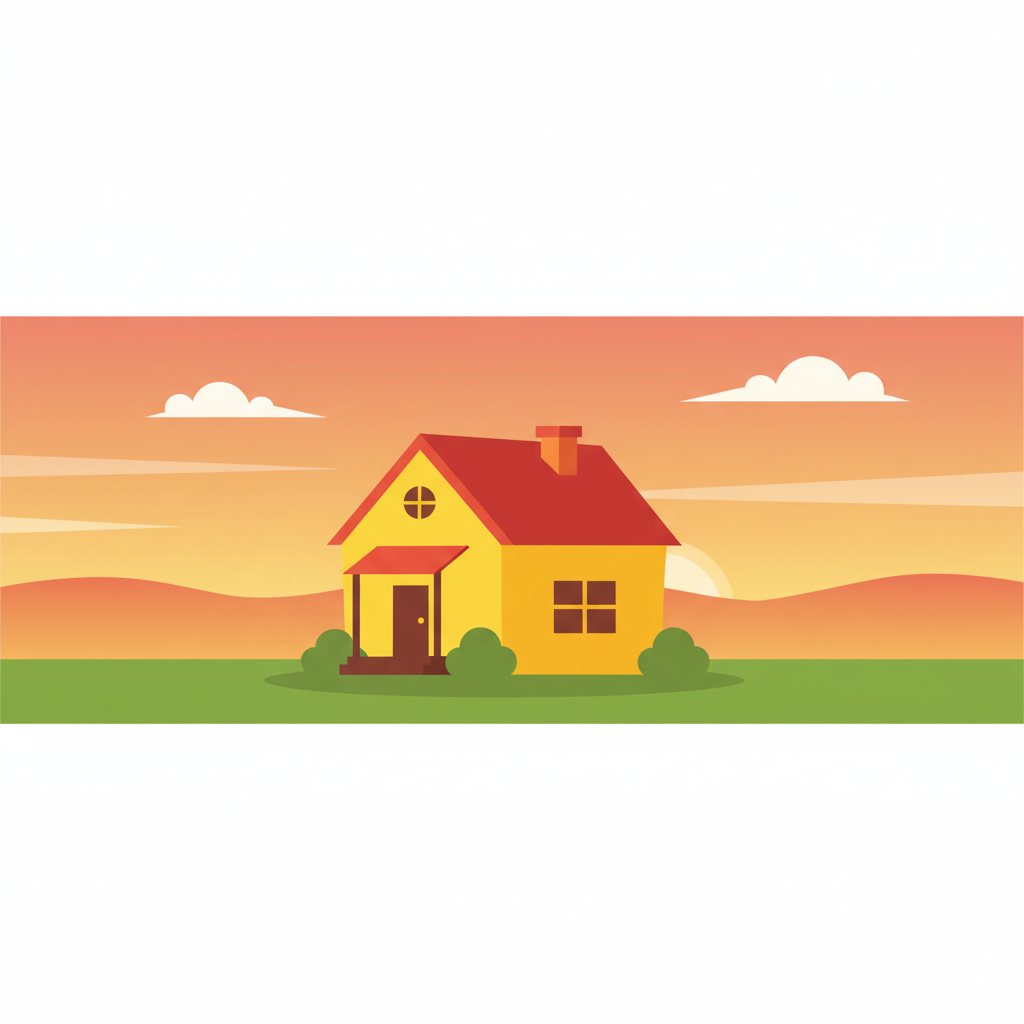 A simple yellow cartoon suburban house with a red roof against a sunset sky, peaceful, vector style