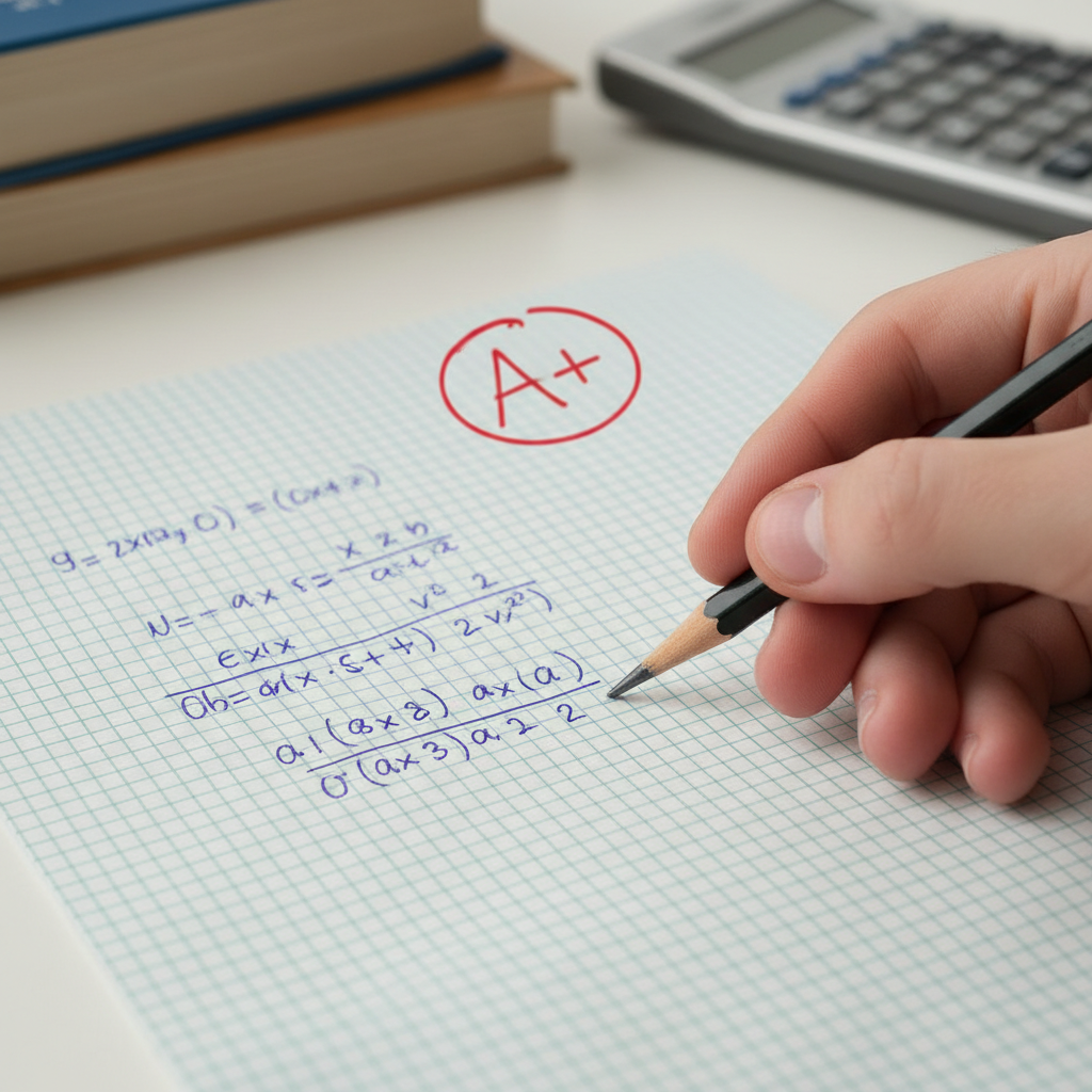 A close up of a student hand holding a pen, successfully solving a complex algebra equation on graph paper with a red 'A+' grade circled nearby, photorealistic, high detail