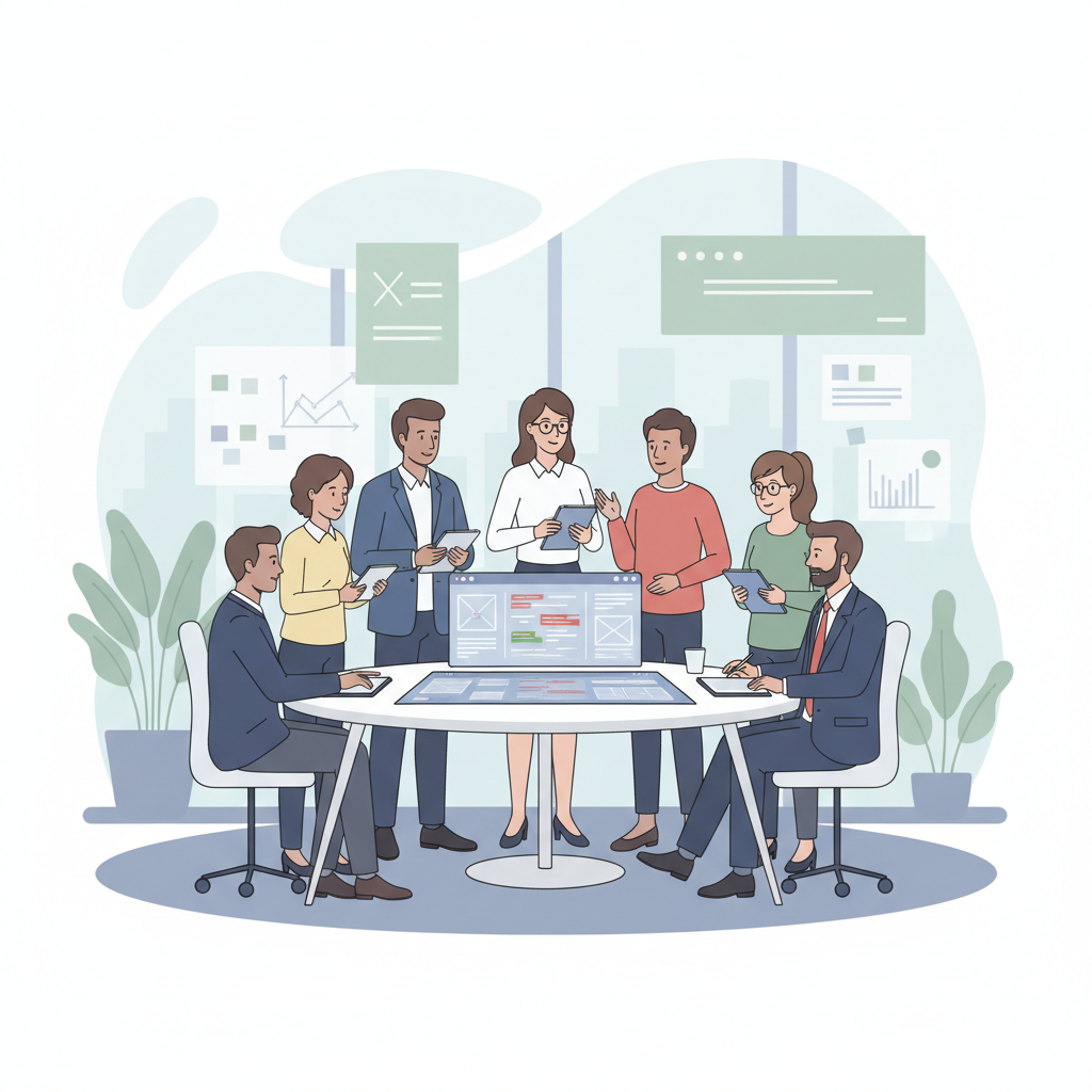 diverse agile team collaboration meeting around a table, including stakeholders, flat illustration, minimalist office setting