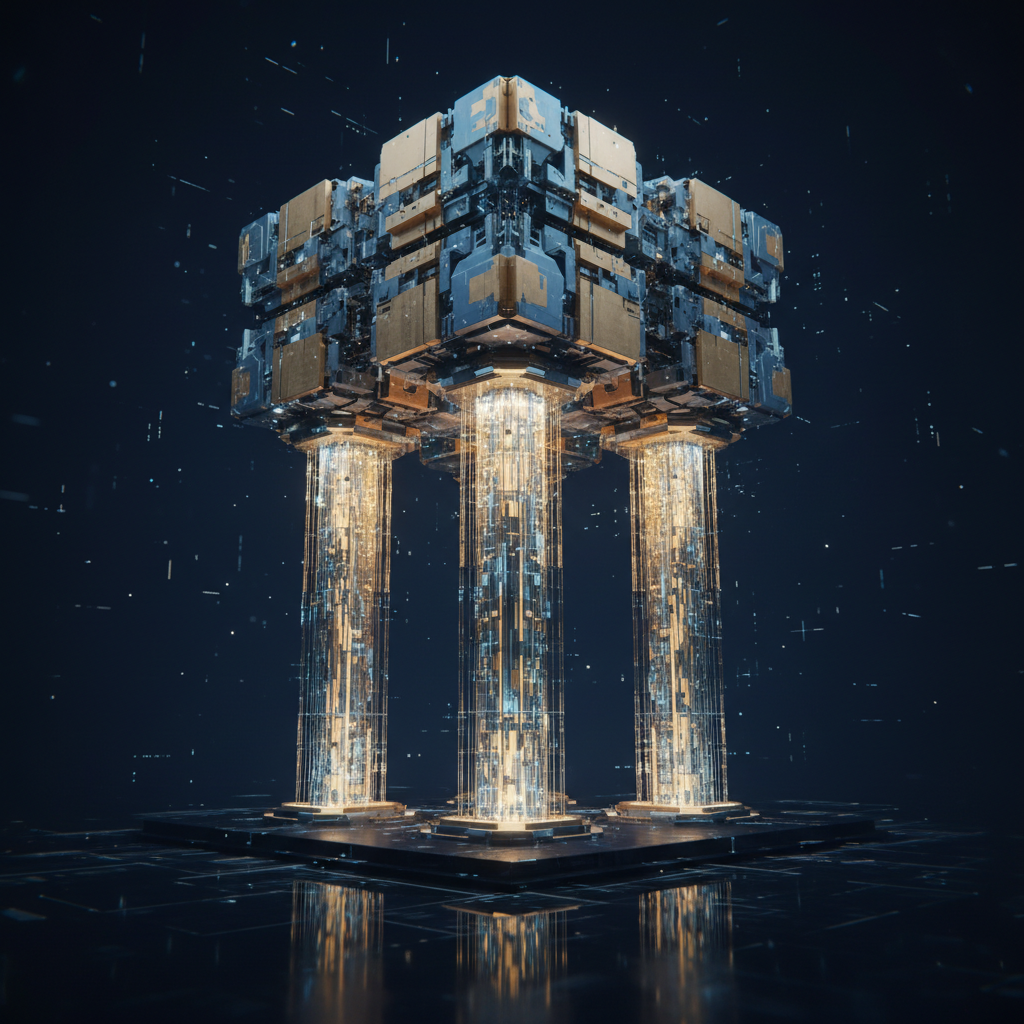 Four distinct glowing pillars support a heavy digital structure, representing stability and strength, gold and metallic blue, 3d render