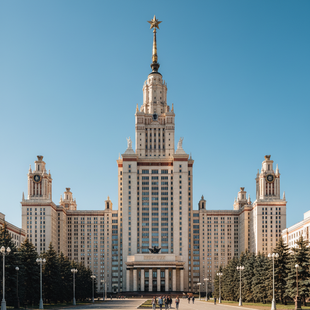 Main building of Moscow State University, imposing soviet architecture, blue sky, wide angle, photorealistic, cinematic lighting