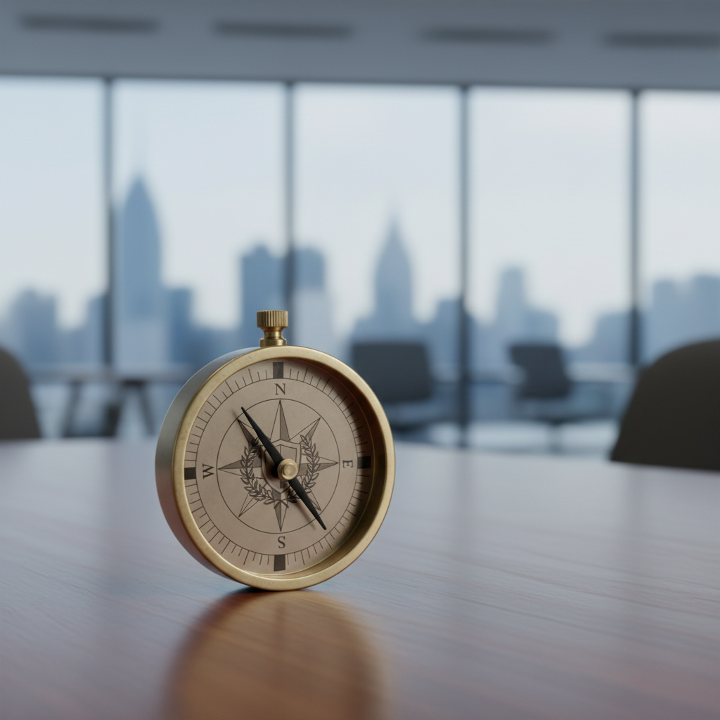 A close up photo of a compass resting on a table with a blurred modern office background, symbolizing direction and ethics, photorealistic