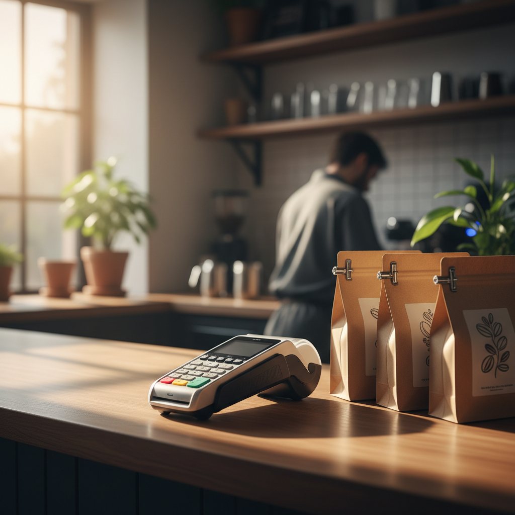 A modern portable payment terminal on a wooden counter next to packaged coffee beans, shallow depth of field, morning light, clean and professional setup
