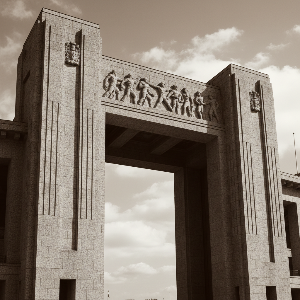 Monumental 1930s architectural style olympic stadium entrance, stone pillars, dramatic lighting, sepia tone, vintage atmosphere, no text