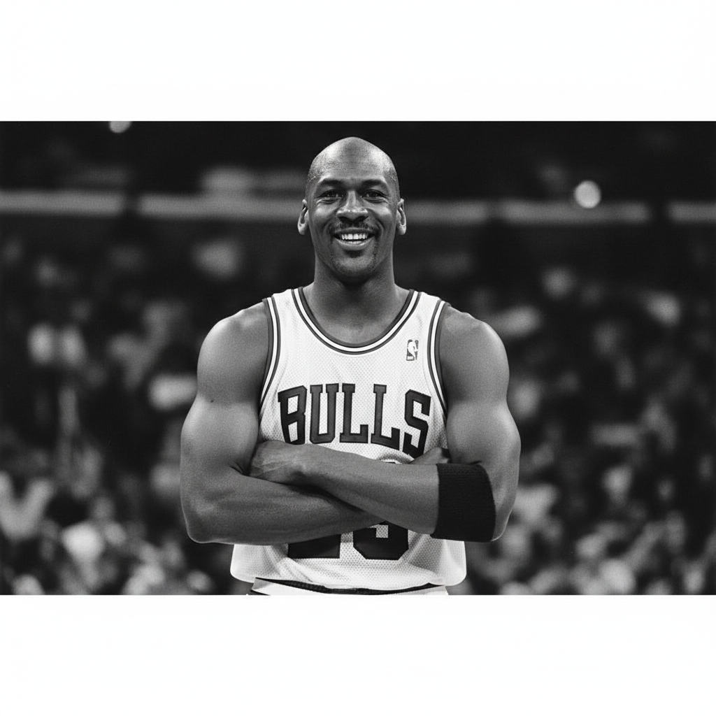 Michael Jordan smiling in Bulls uniform, arms folded, confident expression, black and white photography style