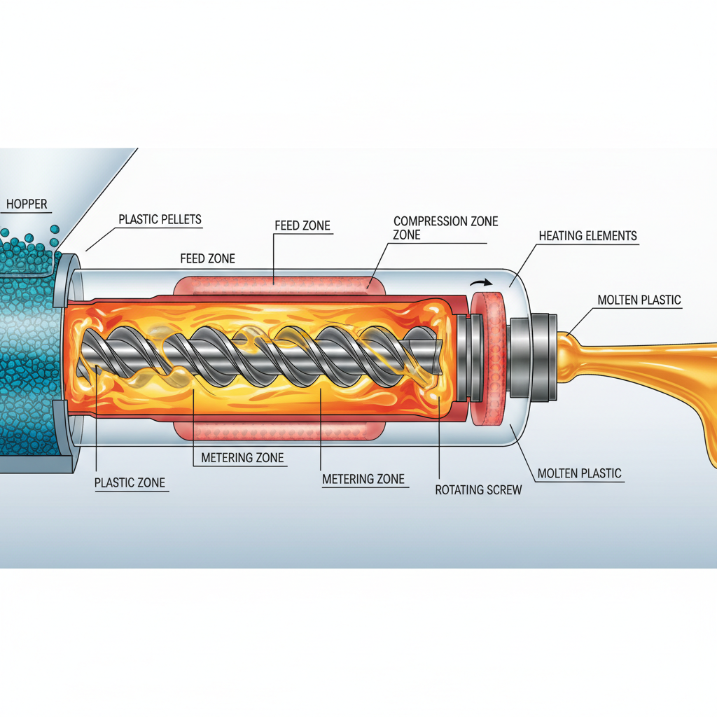 Technical cutaway illustration of an injection molding screw inside a barrel, showing plastic pellets melting into liquid, educational style