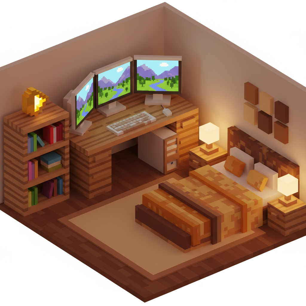 A cozy, low-poly voxel bedroom setup with a computer desk, multiple monitors showing blocky landscapes, and a shelf with books and a golden play button. Warm indoor lighting.