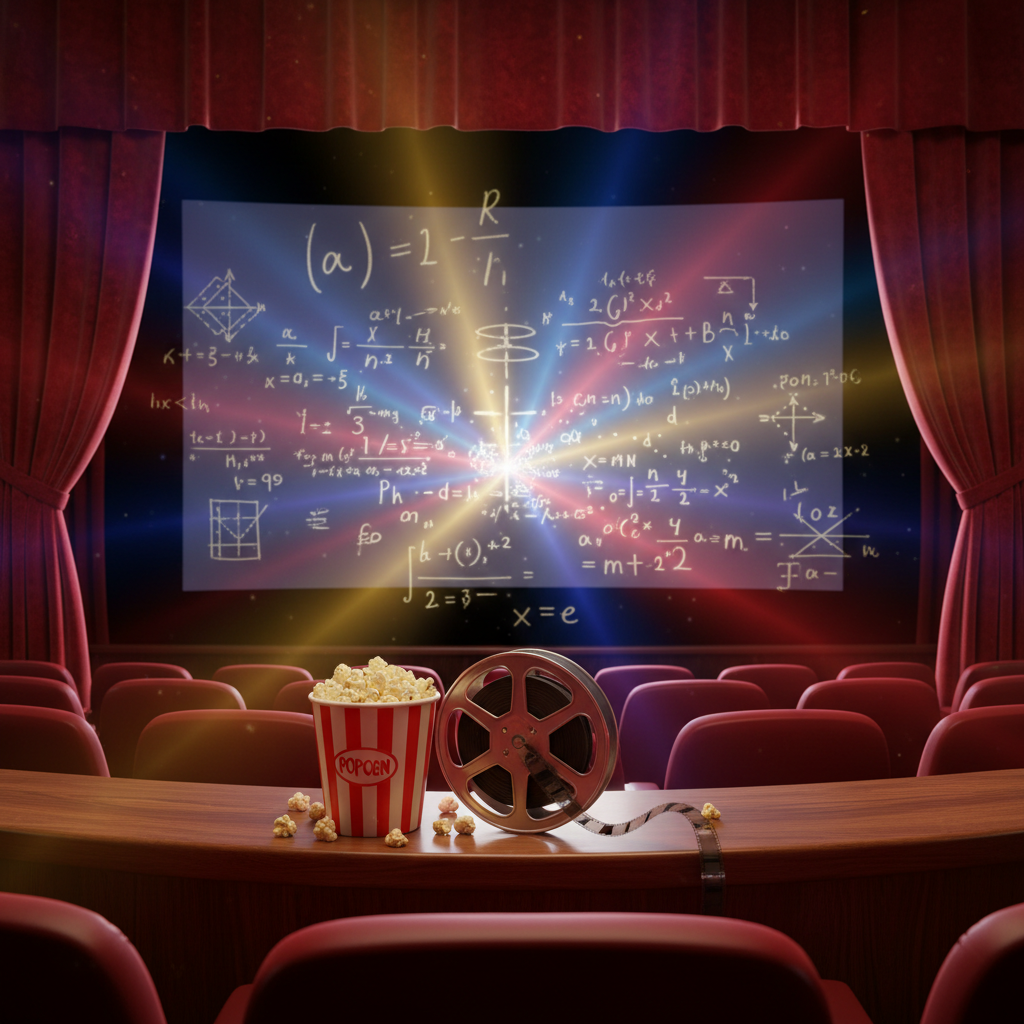 cinematic movie theater background with red curtains, popcorn bucket, and a film reel, 3d render, colorful lighting, educational atmosphere, 4k
