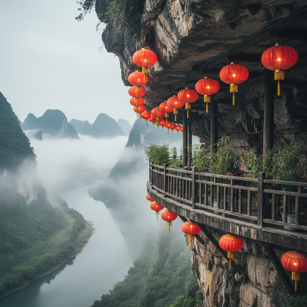 A close-up architectural view of a restaurant balcony protruding from a natural rock cave, Chinese red lanterns hanging, blending nature and architecture, misty river background.