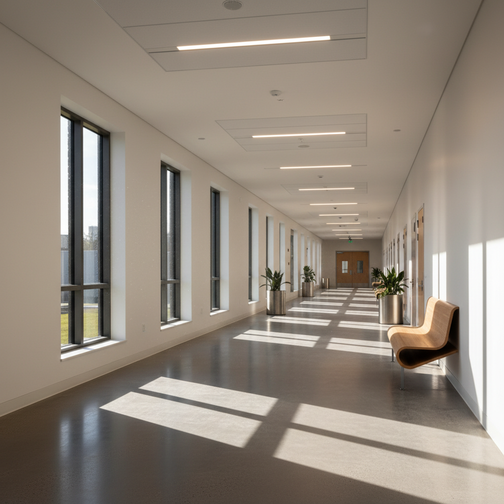 Modern school building hallway with sunlight streaming through windows, soft focus, cinematic lighting, 8k resolution, architectural photography style, no text