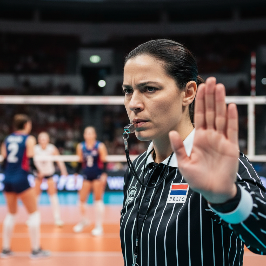 Close up of a volleyball referee blowing a whistle, focused expression, blurry background of players, professional lighting