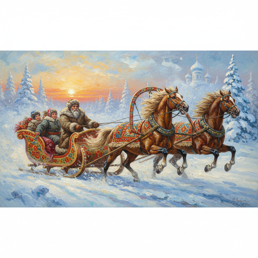 Traditional Russian Troika (three horses) pulling a sleigh in winter snow, dynamic motion, folk art patterns, painting style