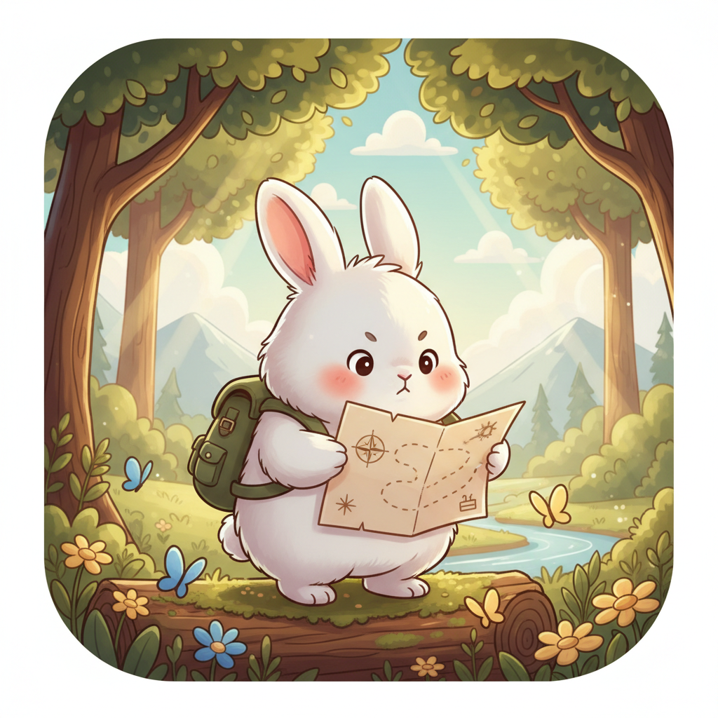 Cute cartoon bunny with a backpack looking at a map in a sunny forest, illustration style, soft lighting