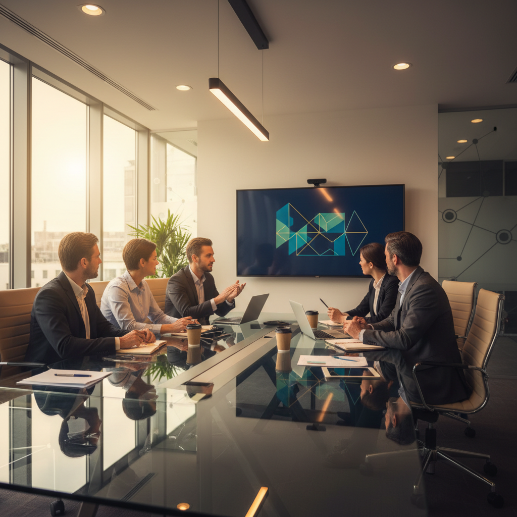 A modern corporate office team collaborating around a glass table, warm lighting, professional atmosphere, symbolizing partnership and strategy