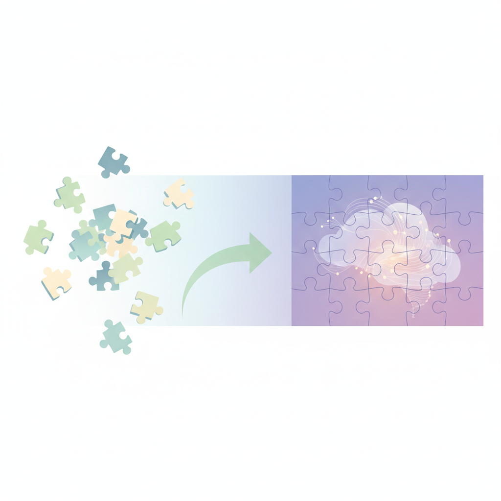 Minimalist illustration showing scattered puzzle pieces on the left and a completed puzzle picture on the right, symbolizing data becoming information, soft colors