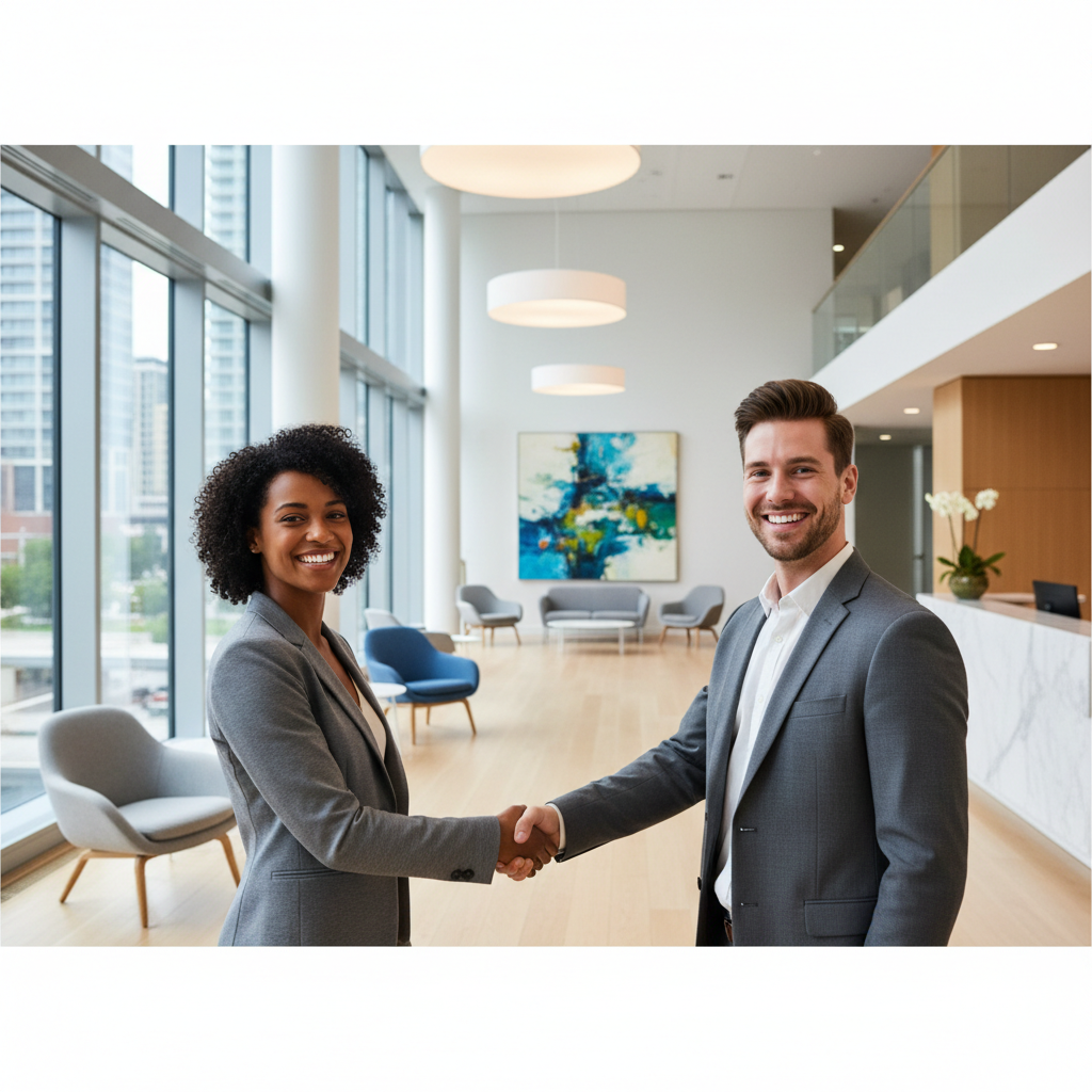 two professionals shaking hands in a bright friendly office lobby, smiling warmly