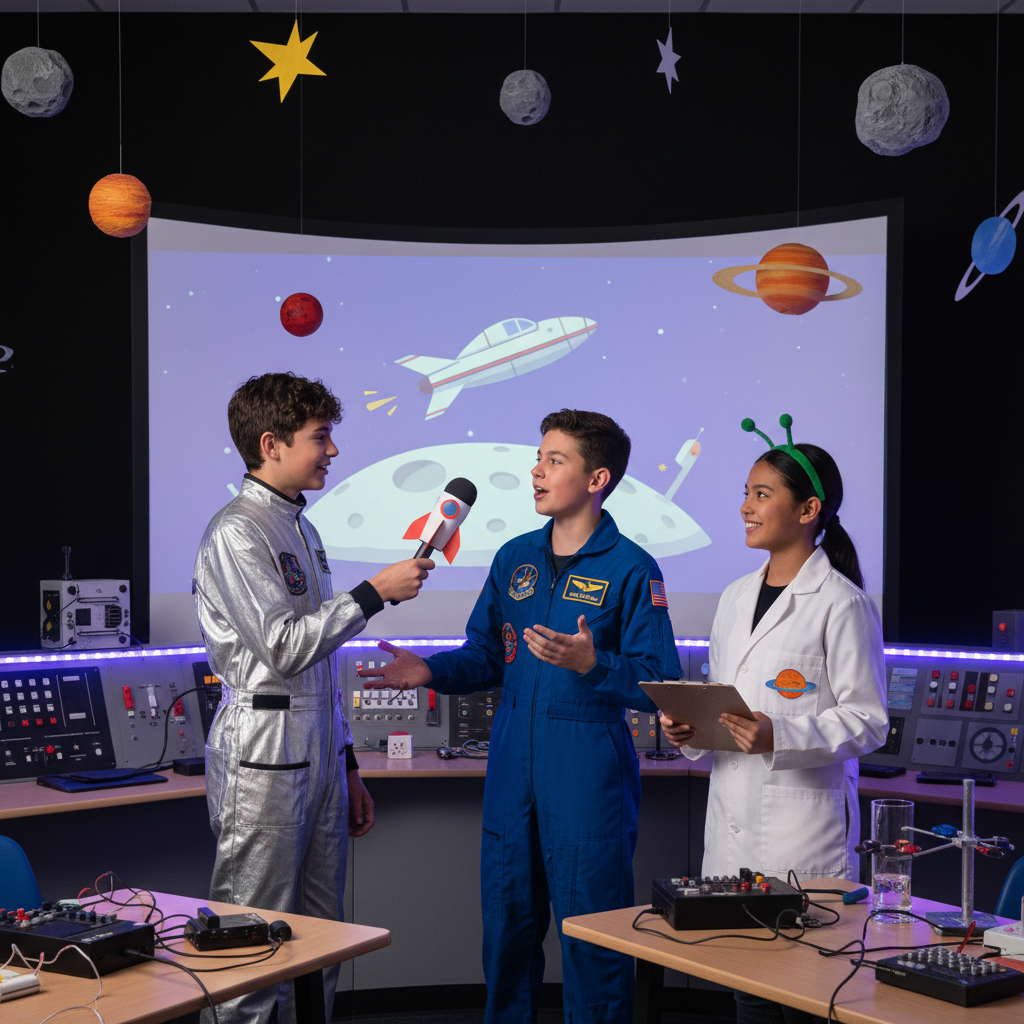 A student holding a paper microphone interviewing other students in a classroom, space mission theme