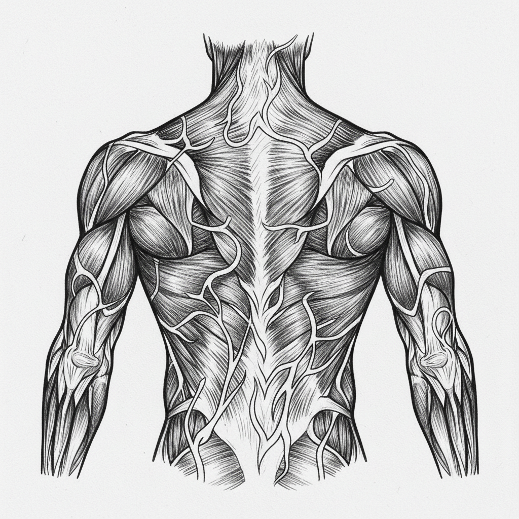 human back anatomy study with tattoo design overlay lines following muscle groups, artistic medical illustration style, monochromatic, detailed