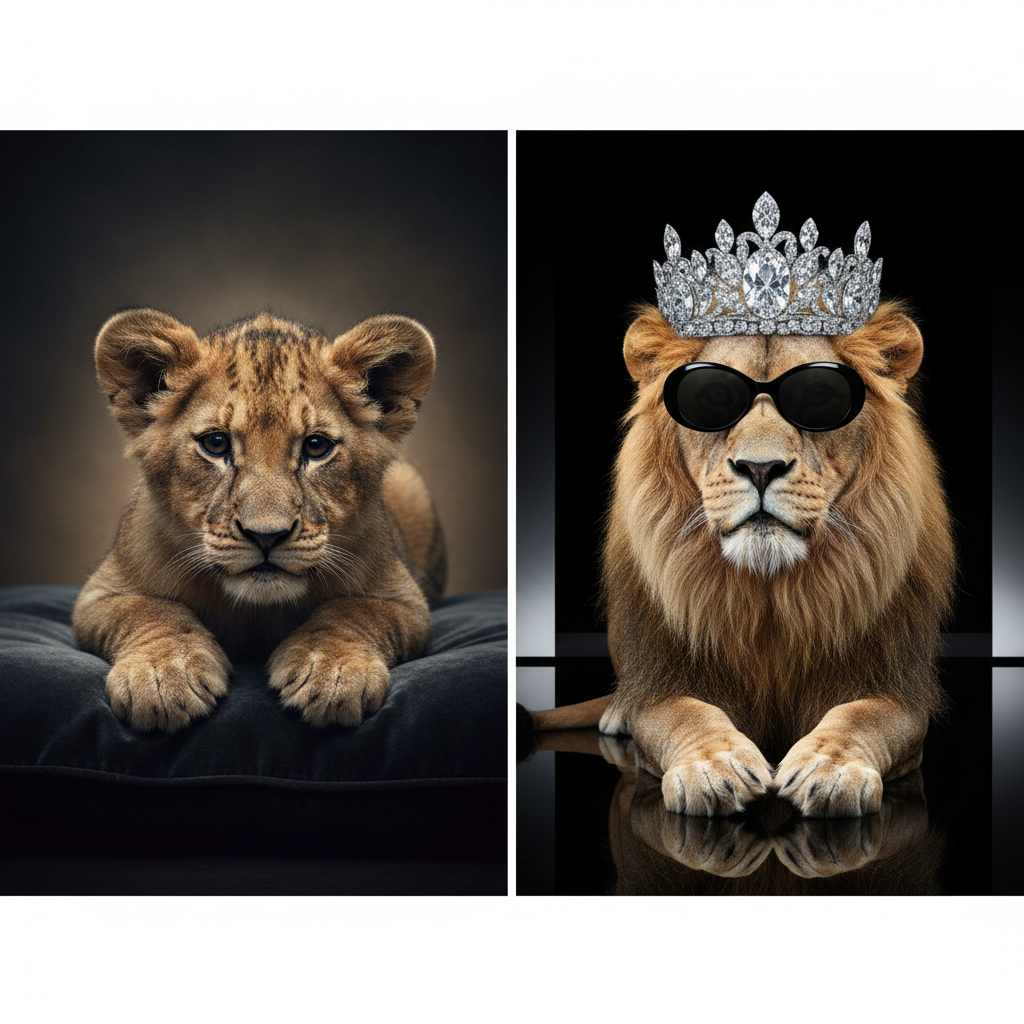 High-end fashion editorial photography. Left: A sad, adorable real lion cub in soft moody lighting. Right: A majestic lion wearing a diamond-encrusted couture crown and chic oversized sunglasses, studio lighting, sleek and stylish.