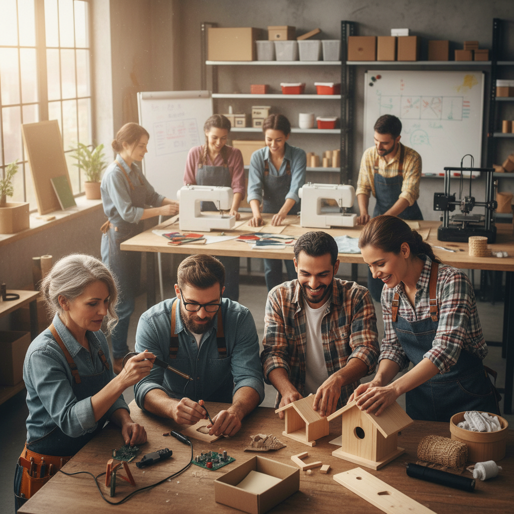 Diverse group of people collaborating in a workshop setting, representing career changers learning new skills