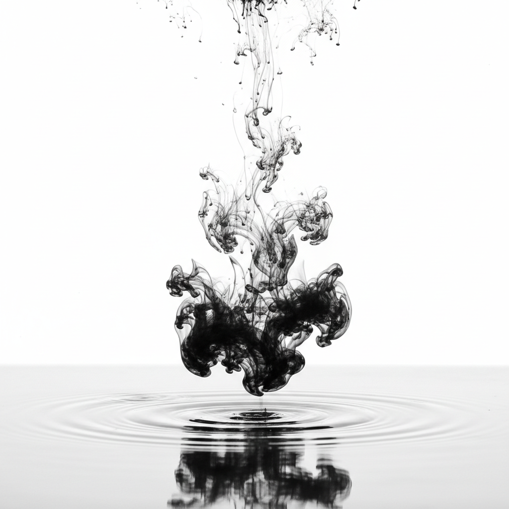 Minimalist artistic black ink flowing into water, high contrast abstract shape, white background style