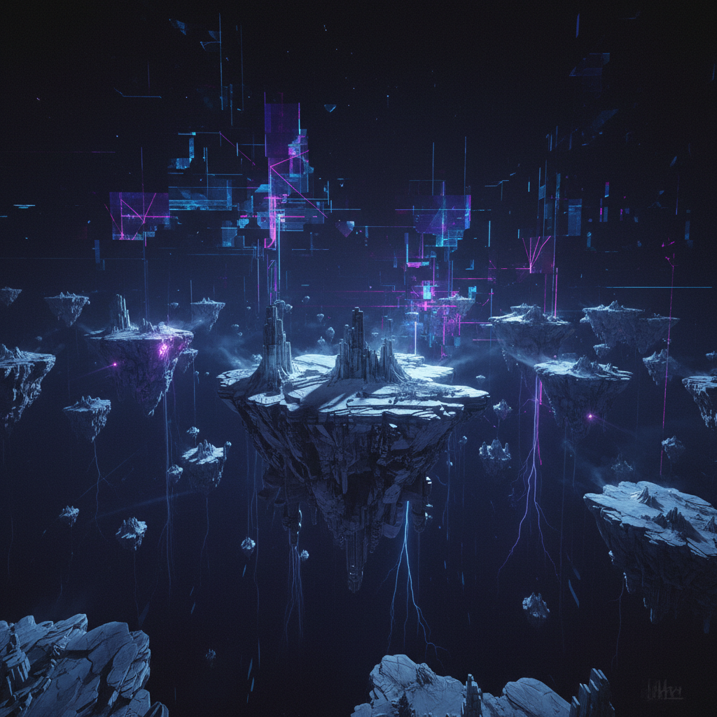 Surrealistic sci-fi landscape, floating islands of rock in a dark void, digital wireframe glitch effects in the sky, jagged terrain, cold atmosphere, matte painting style, cinematic lighting