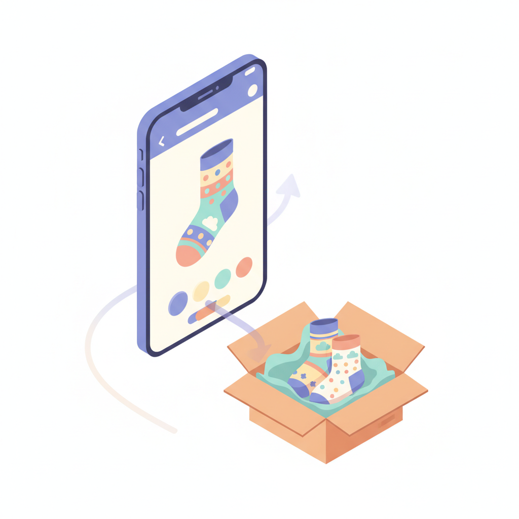 Isometric 3D illustration of a smartphone screen showing a sock customization app interface connected to a delivery box, clean white background, pastel colors