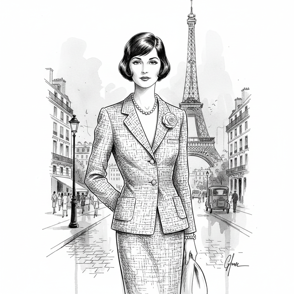 Coco Chanel vintage style portrait, black and white fashion illustration, elegant, parisian mode background