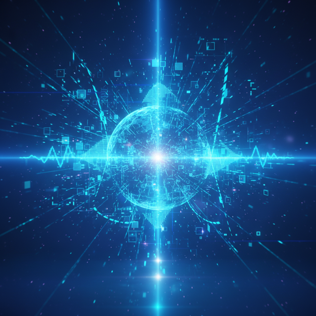 Futuristic abstract composition representing digital media convergence, glowing data streams, audio waves and pixelated graphics, cyan and deep blue color palette, 8k render, cinematic lighting