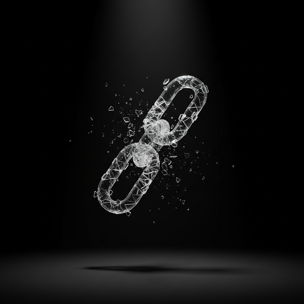 Minimalist concept art of a broken chain link made of glass, dark background, symbolizing security failure, dramatic lighting