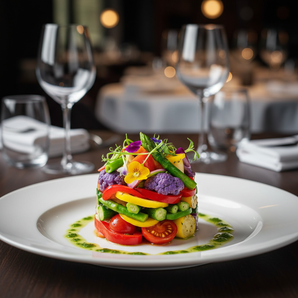 fresh organic ingredients, colorful healthy vegetables, gourmet plating, elegant restaurant setting