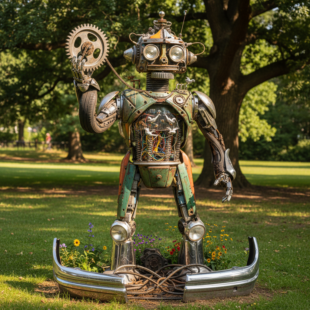 Detailed close-up of a whimsical robot sculpture made from recycled car parts and scrap metal in a green park setting, educational and artistic, sunlight, 4k