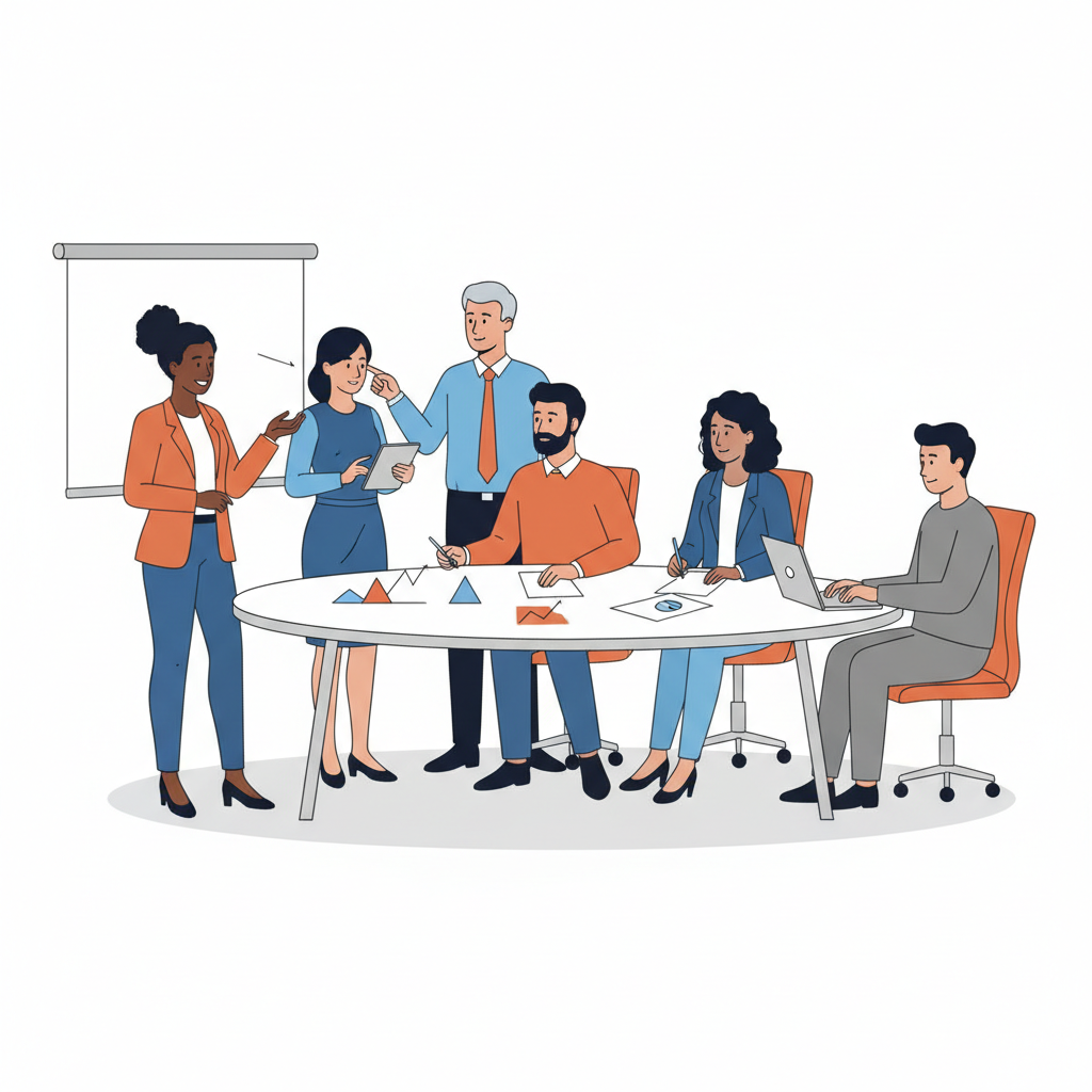 Flat vector illustration of a diverse group of business professionals in a meeting, white background, orange and blue color palette