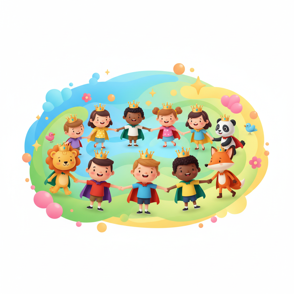 Cute 3D style illustration of diverse children and animals wearing superhero capes and crowns, holding hands, bright colorful background, soft lighting, 4k render