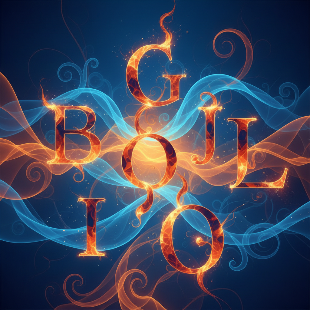 Abstract representation of sound waves turning into letters, visualization of phonetics, blue and orange color scheme.