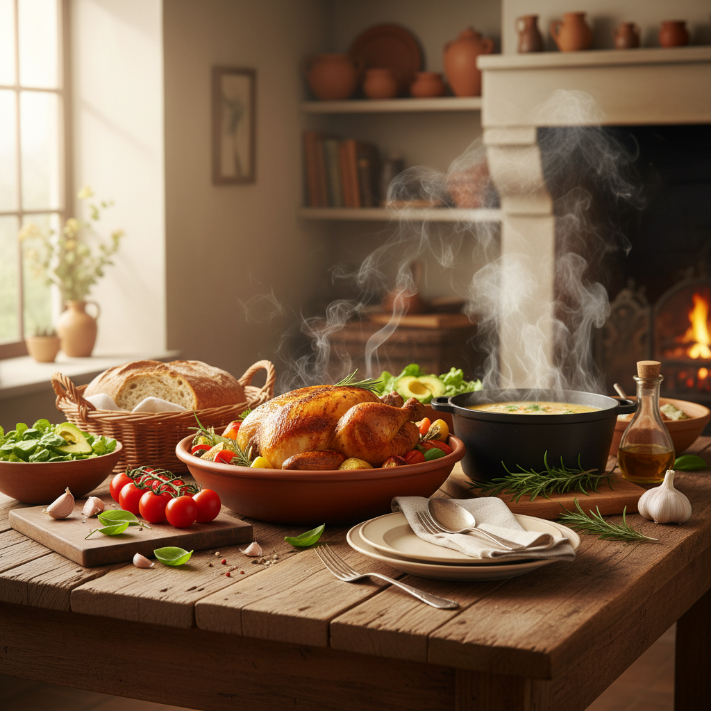 A warm, inviting rustic kitchen table with fresh ingredients and a lovingly prepared home-cooked meal, soft natural lighting, steam rising, high quality photography
