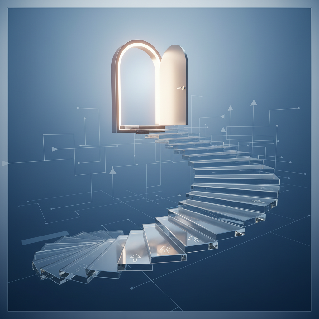 Abstract staircase leading to open door representing career growth corporate style