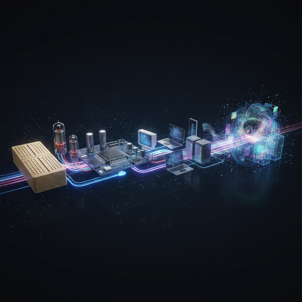 abstract timeline of technology hardware from punch cards to glowing holographic cloud servers, 3d render, evolution concept