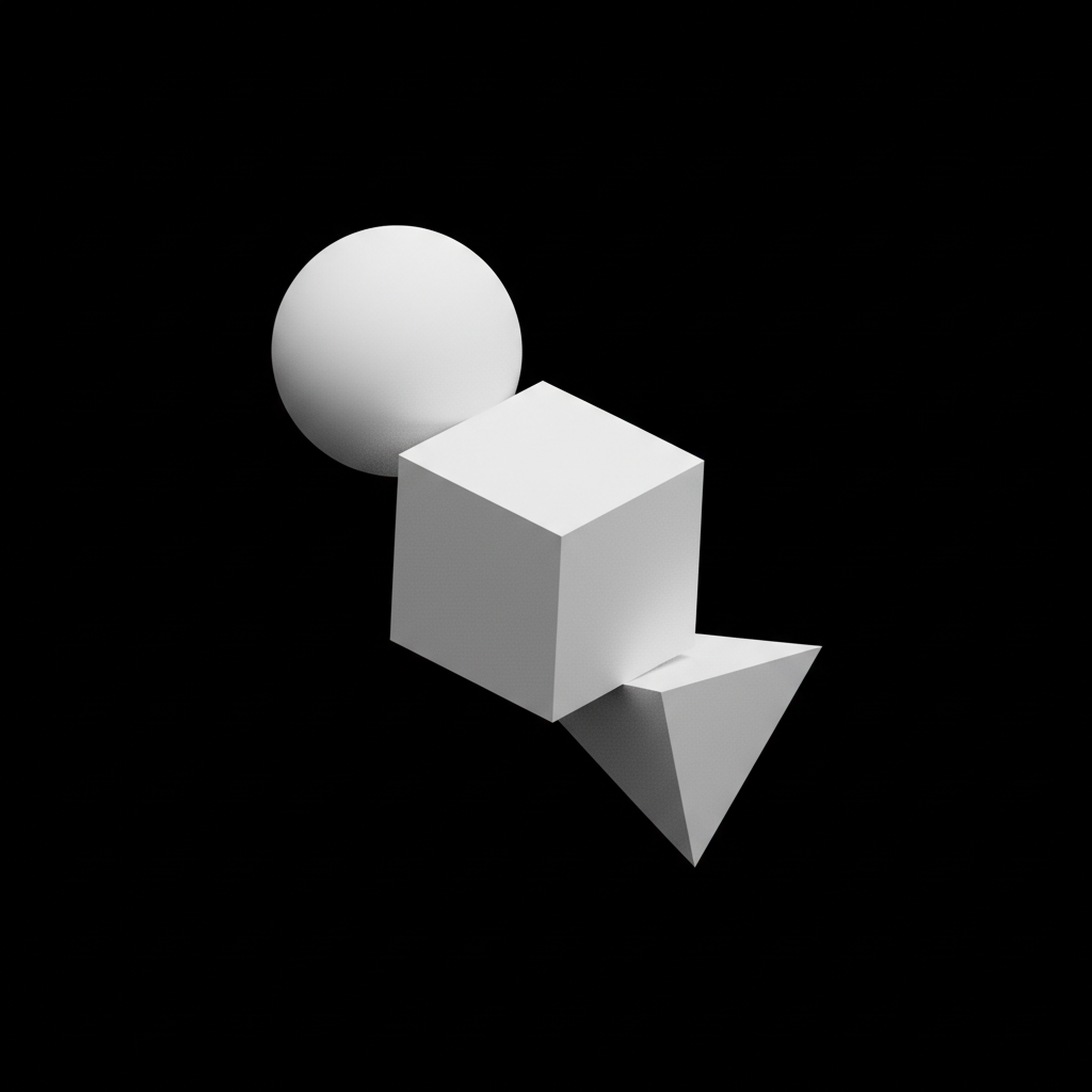 Simple geometric primitives floating in void, sphere, cube, pyramid, matte white material on black background, bauhaus style design