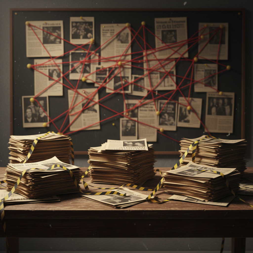 Stacks of old newspaper clippings about crime, police tape, red string connecting clues on a wall