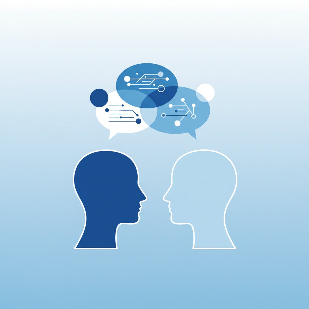 Illustration of two silhouettes talking, speech bubbles, concept of communication and dialogue, minimal flat design, blue and white