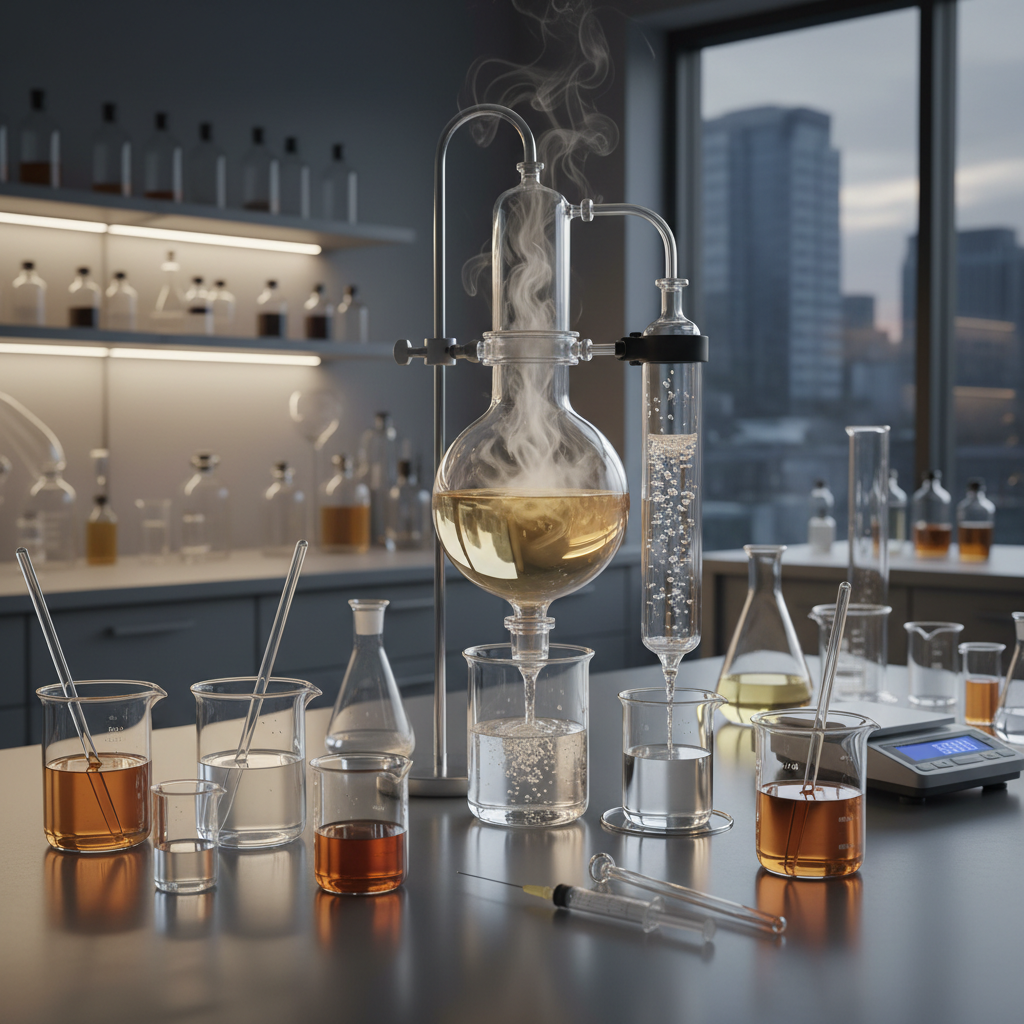 Scientific glassware in a perfumery lab, mixing clear and amber liquids, measuring instruments, clean professional environment