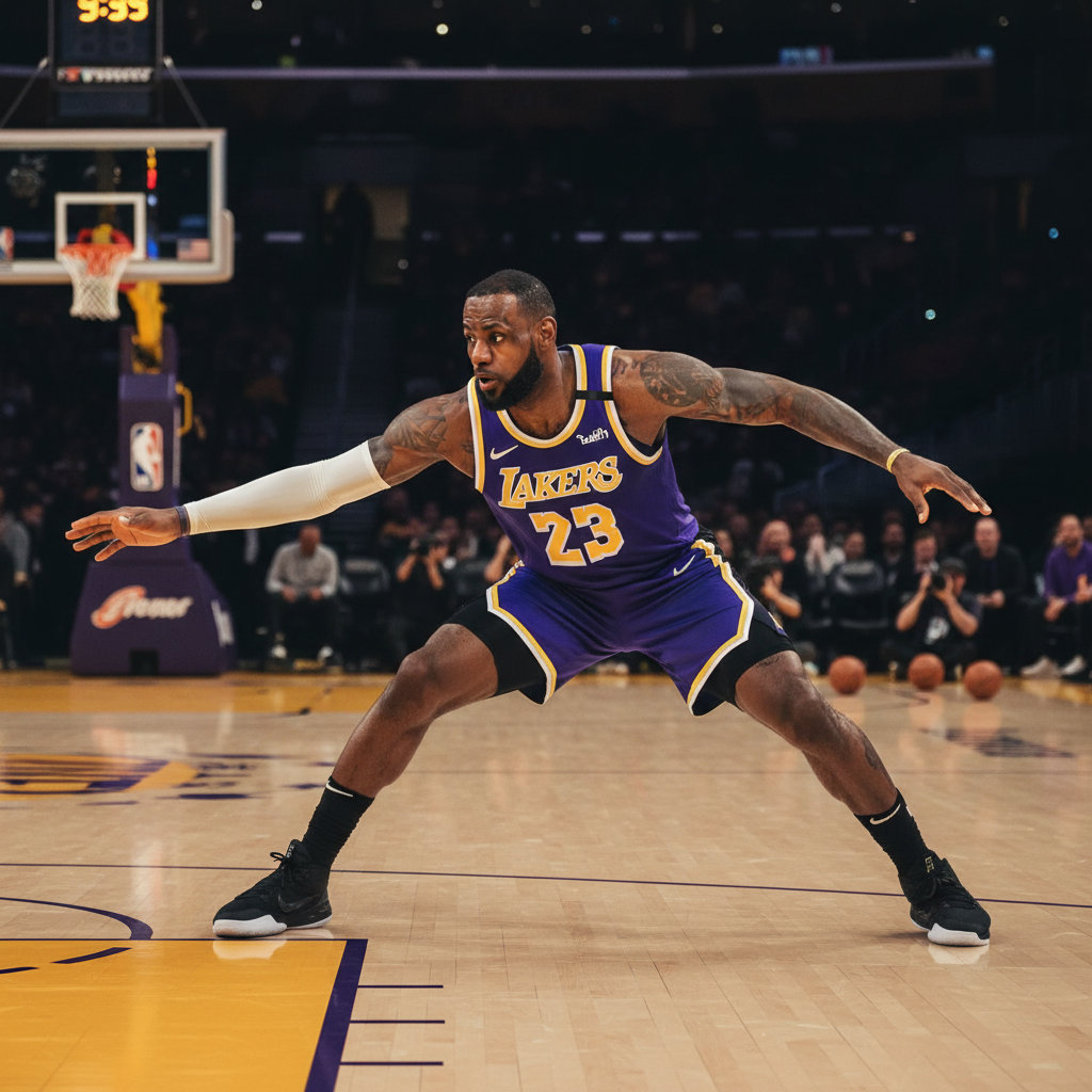 LeBron James reaching into a passing lane on defense, basketball court background