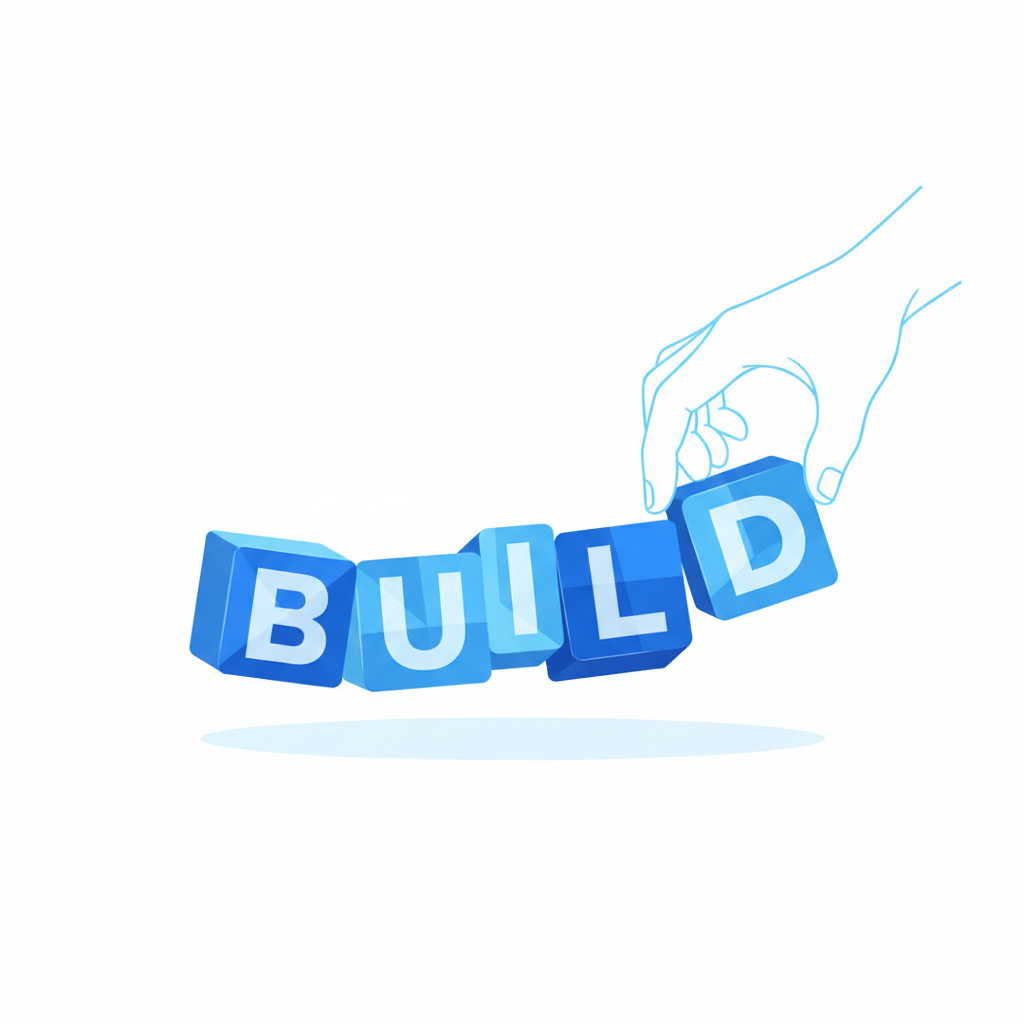 Minimalist educational illustration of a word being built from blocks, white background, blue tones