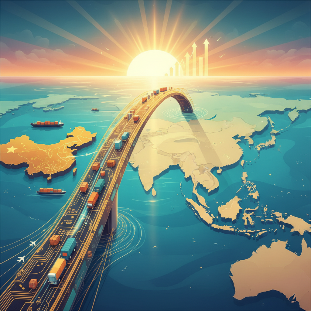 Conceptual illustration of a bridge connecting China and Southeast Asia maps, metaphor for trade, sunrise, hopeful business style