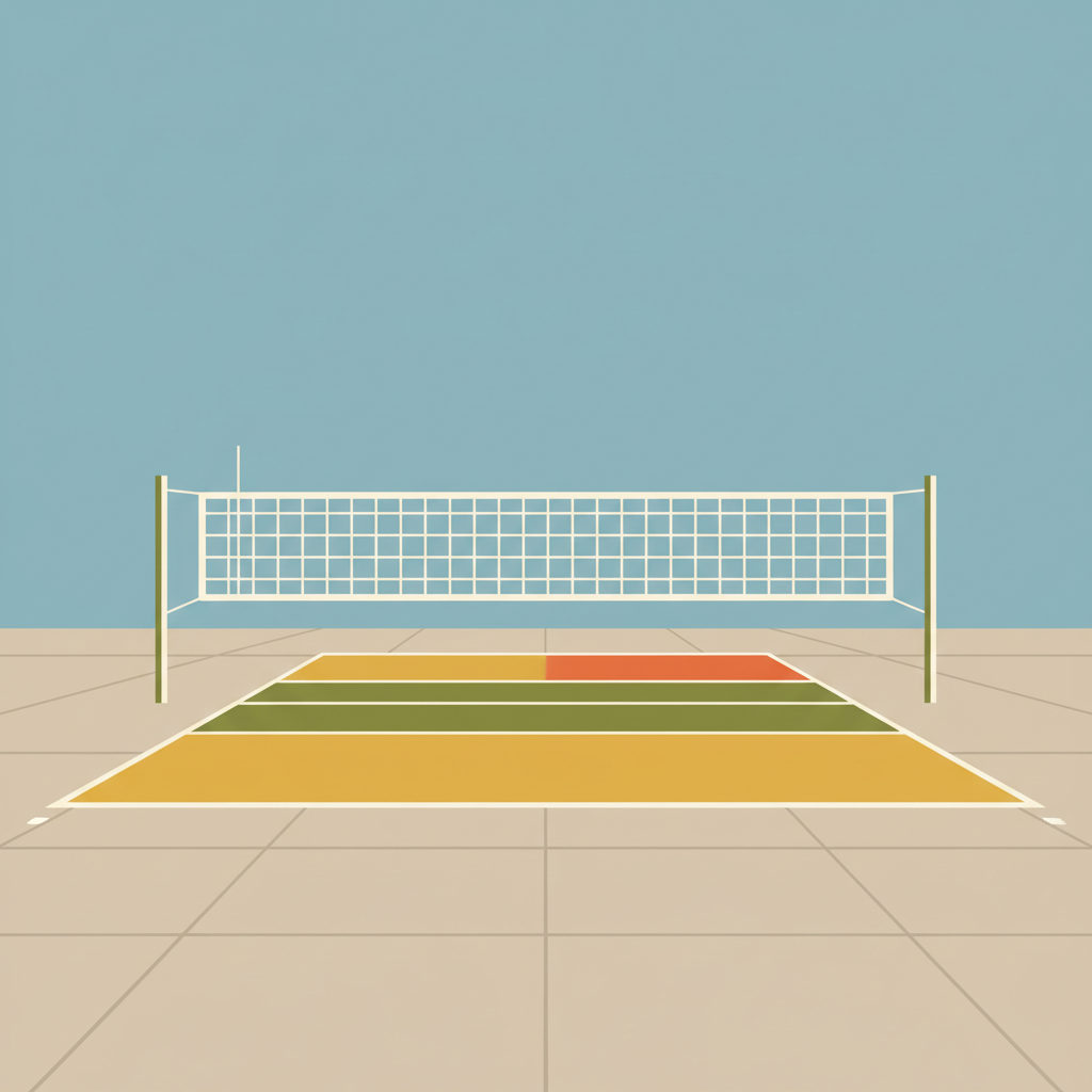 Olympic volleyball court in the 1960s style, minimalist, showing strict court lines and net, retro color palette