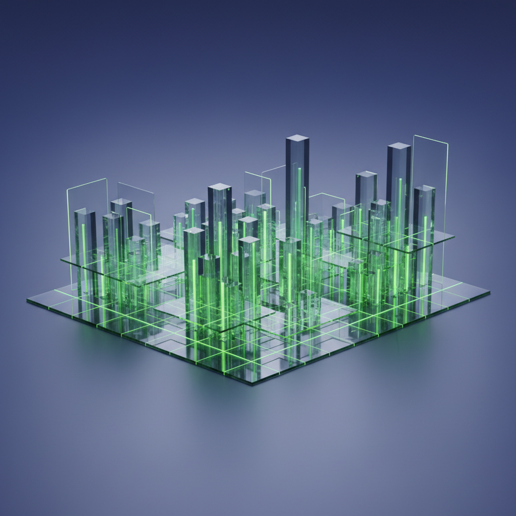 Abstract 3D bar charts and grids rising from a surface, translucent neon green and glass materials, data visualization concept, clean, minimalist, no text