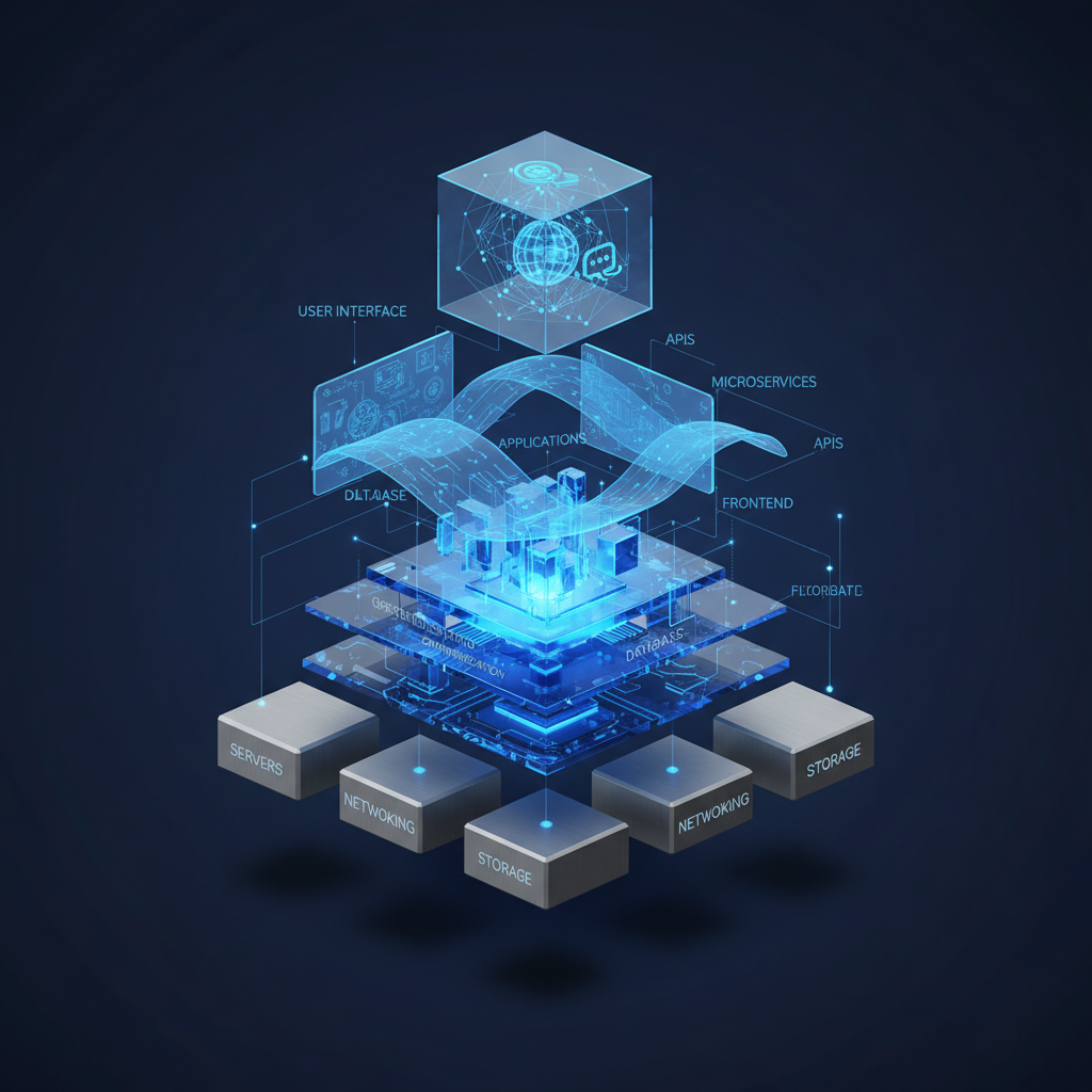 3d exploded view of a technology stack, bottom layers are solid steel blocks representing infrastructure, top layers are holographic glass representing software interface, studio lighting, navy blue background